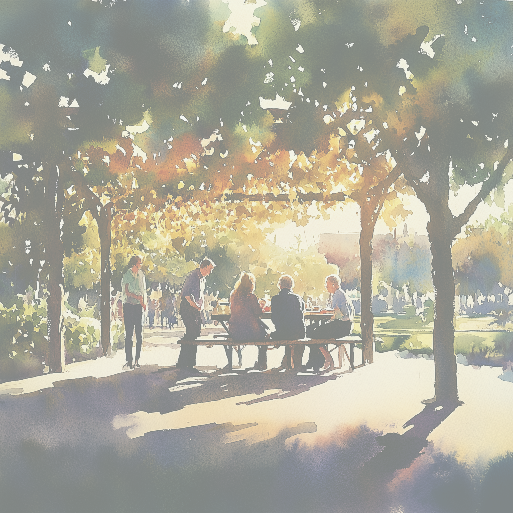 Família e idosos em parque — ilustração aquarela